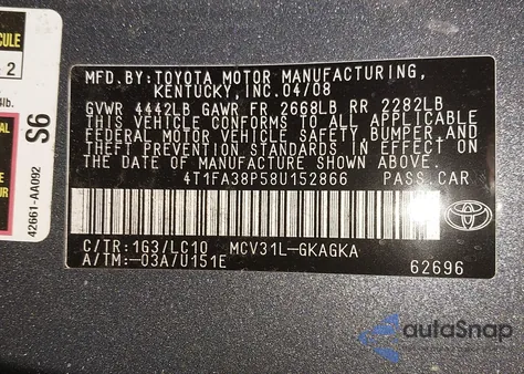 2008 Toyota Camry Solara Sle z USA, uszkodzony, nr VIN 4T1FA38P58U152866